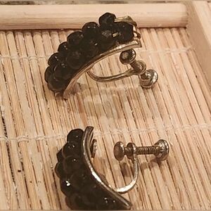 Vintage Black Onyx Beaded Sterling Silver Screw-back Earrings